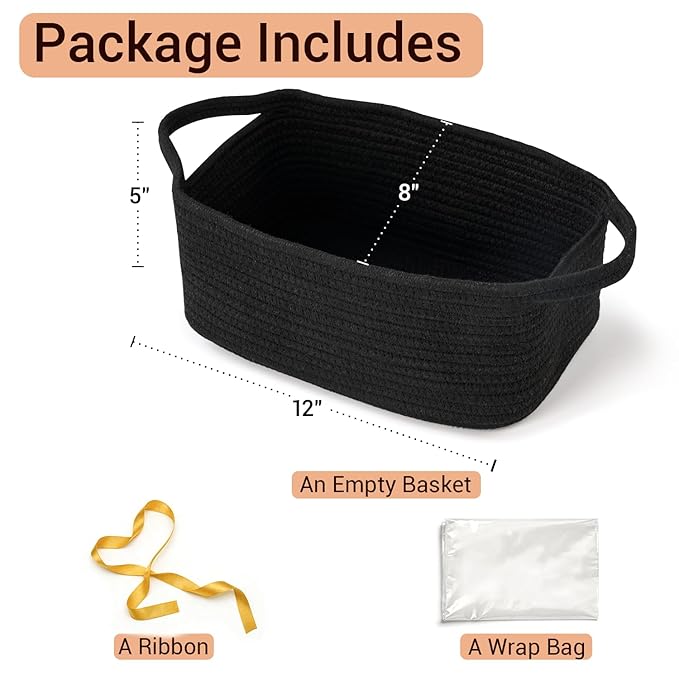 Small Woven Gift Basket Empty with Bag & Ribbon - Gifts for Mom, Baby Shower, Birthdays & Raffle - Cotton Rope Storage Basket for Dog Toys or Shelf - 12"x8"x5", Black