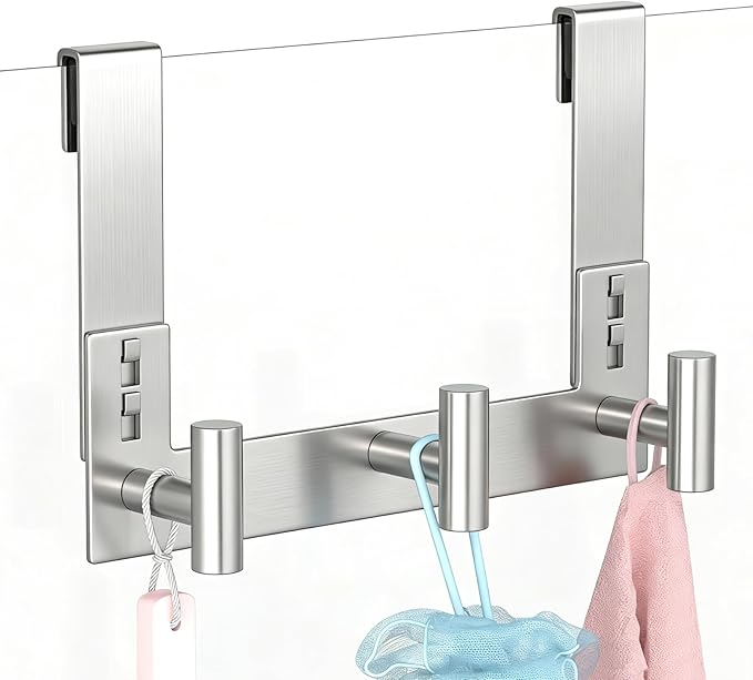 PMMASTO No-Drill Extra Long Shower Hooks, Fits 3/8" Thick Door, Heavy Duty Stainless Steel Towel Hooks for Frameless Glass Shower Door, Holds Bathrobe Towel (Silver, 3 T-Hooks)