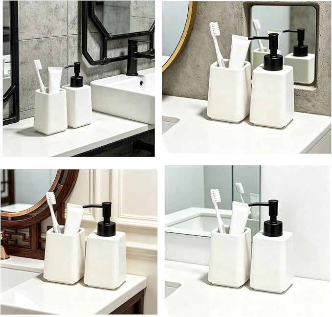 White Bathroom Accessories Set 2Pieces,Ceramic Soap Dispenser and Toothbrush Holder,Modern Decor Bath Set with Toothbrush Cup