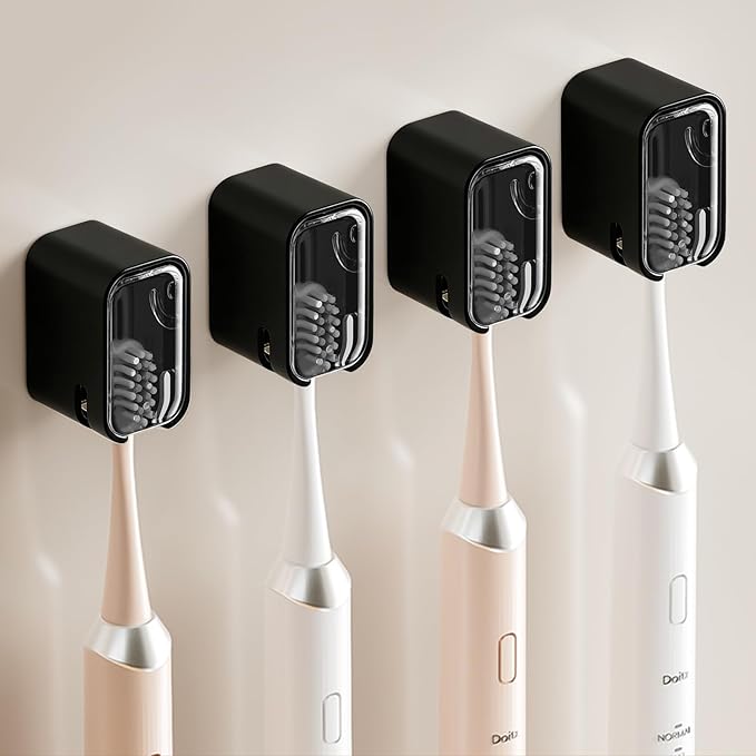 Wall Mounted Toothbrush Holders for Bathroom, Strong Self Adhesive Tooth Brush Holder with Cover, Toothbrush Heads Organizer for Family, 4 Pcs