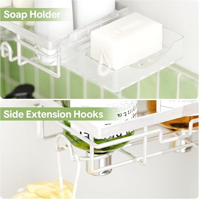 Shower Tension Rod Organizer, 6 Tier Rustproof Corner Shower Caddy Tension Pole with Soap Holder & Hooks, Adjustable 30-121 Inch Bathroom Shelf for Renters - Family Stand Storage Rack, Silver