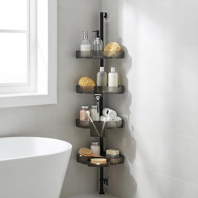 Corner Shower Caddy, Extendable Rustproof Shower Organizer Adjustable 4-Tier Bathroom Shelves Anti-Tipping Bathtub Shampoo Storage Floor Standing Bath Rack Shower Shelf with Soap Dish