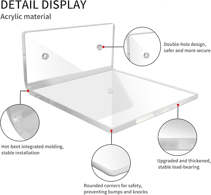 8 Pcs Clear Acrylic Floating Wall Shelves, Small Floating Shelves for Wall Shelf Acrylic Display Ledges, Small Corner Shelf for Bedroom Bathroom Book Speaker Hanging Shelves - Clear (4 Inch 8Pack)