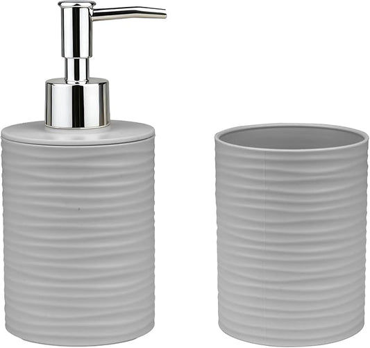 Bathroom Accessories Set, 2-Piece Gray Soap Dispenser & Toothbrush Holder with Ripple Texture & Rust-Proof Pump, Modern Matte Organization