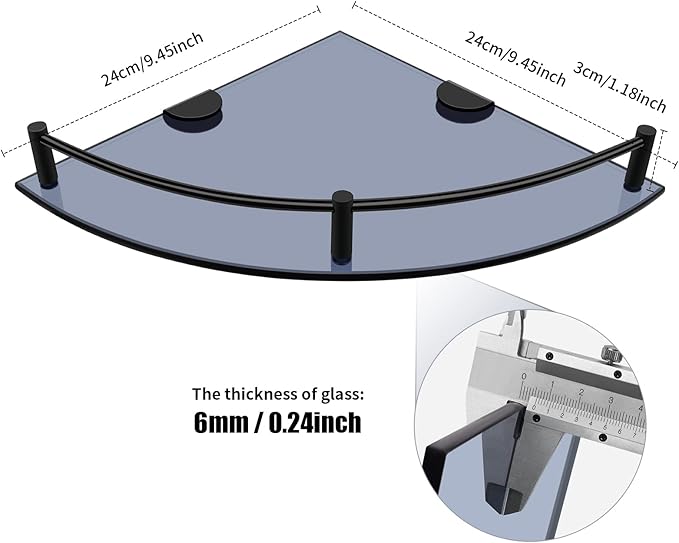 Glass Bathroom Shelves - Set of 2 Corner Shelves with Rail, Floating Glass Shelves for Bathroom, Kitchen, Living Room (Black)