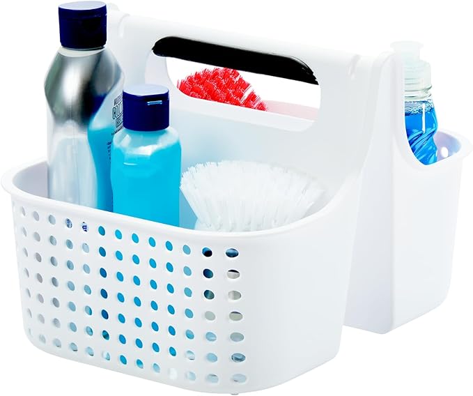 madesmart Large Soft Handle Tote, Portable Shower Caddy and Cleaning Supply Organizer, BPA-Free Plastic Storage Basket with Soft Grip Handle and Ventilation, 12 x 10 x 8 Inches, White