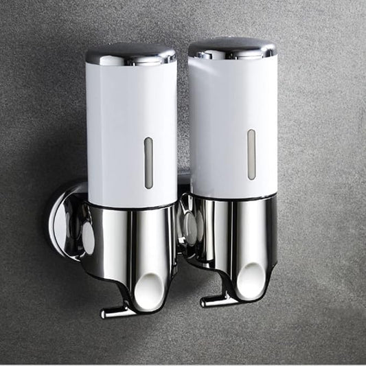 2 Chamber Wall Mounted Bathroom Shower Pump Dispenser and Organizer-Holds Shampoo, Soap, Conditioner, Shower Gel, for Bathroom Kitchen Hotel (White)