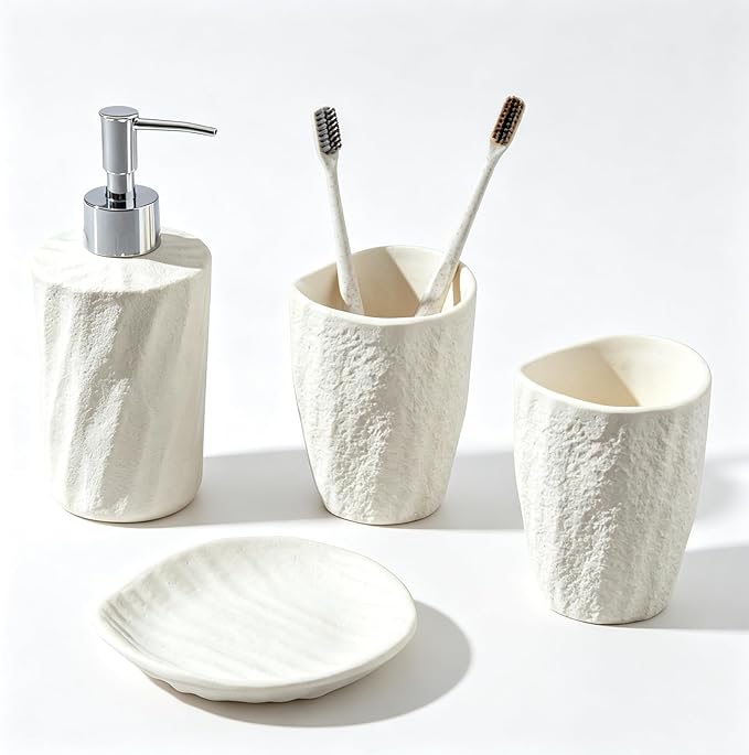 Bathroom Accessories Set, 4 PCS Modern Stone Look Bathroom Accessory Set with Hand Soap Dispenser 11.5 OZ, Tumblers, Toothbrush Holder, Bar Soap Dish Holder Saver (White)