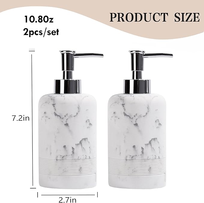 YMXYJM 2pcs/Set Hand Soap Dispenser Sets - 10.8oz Refillable Resin Liquid Soap Dispensers with Rust-Proof Pump for Bathroom Countertop or Kitchen, Marble White