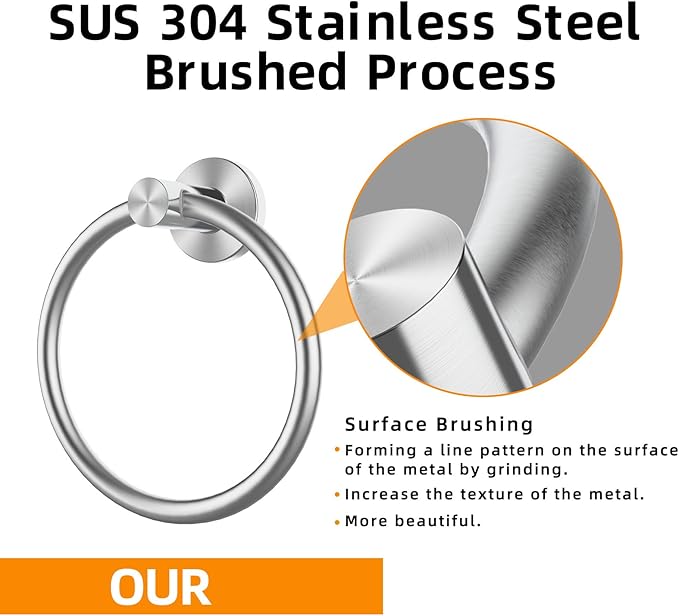 Brushed Silver Towel Ring, SUS304 Stainless Steel Hand Towel Holder for Bathroom Kitchen, Modern Style Towel Hanger, Thicken Ring Towel Holder, Towel Rack Round Wall Mounted (1, Brushed Silver)