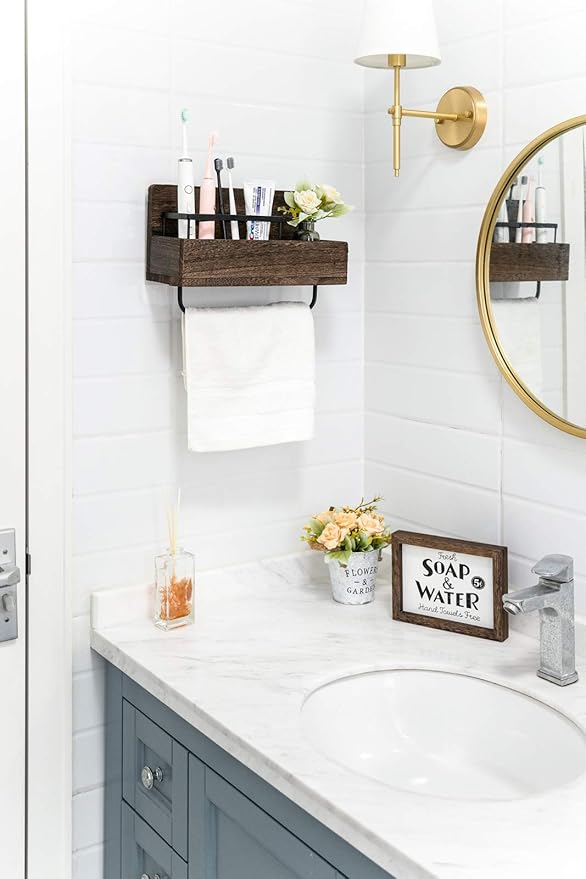 Dahey Wall Mounted Toothbrush Holder Wooden Electric Toothbrush Organizer Multifunctional Stand Towel Rack Toothpaste Dispensers Rustic Farmhouse Bathroom Decor