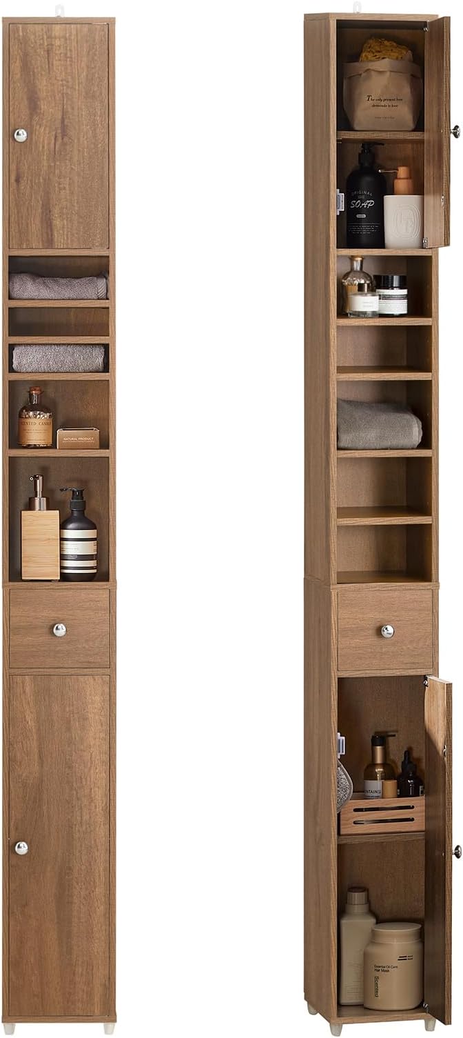 Haotian Bathroom Narrow Storage Cabinet Skinny Tall Unit with Adjustable Shelves Slender Anti-Tipping Floor Standing Cupboard, Natural BZR34-PF