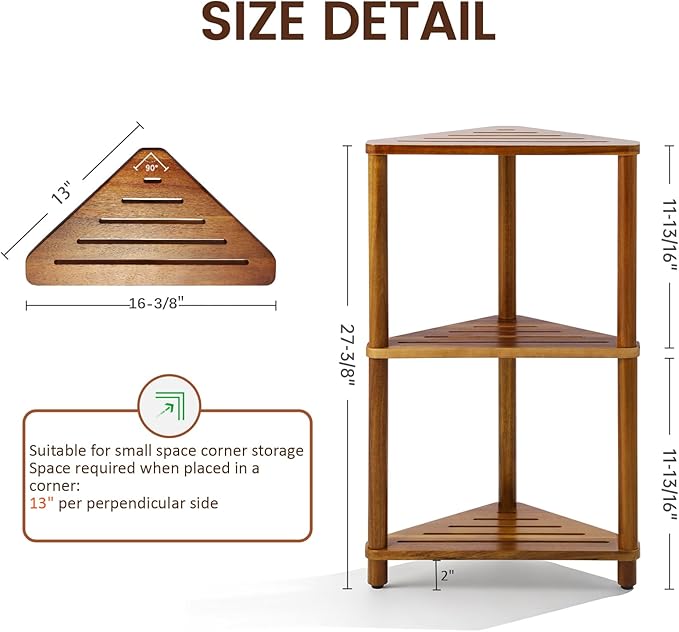 IBosins Corner Shower Shelf 3-Tier Shower Caddy Standing Bathroom for Inside Shower Stool Storage for Kitchen Livingroom Bedroom - Acacia Wood