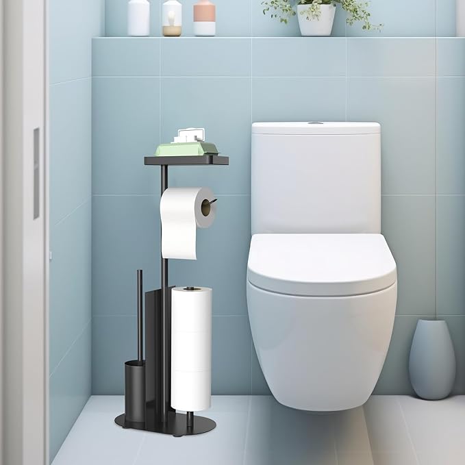 Toilet Paper Holder Free Standing - Toilet Paper Stand with Shelf, Bathroom Tissue Holder Stand, Floor Toilet Paper Roll Holder Stand with Storage, Black