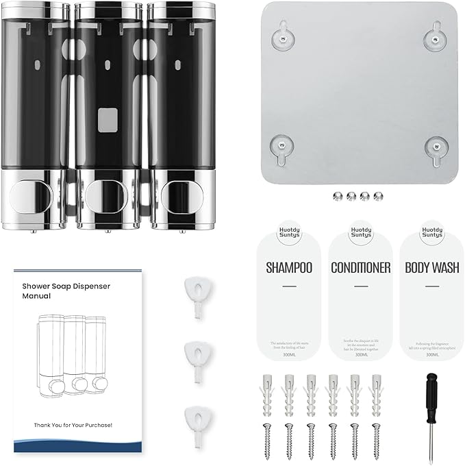 Shampoo and Conditioner Dispenser 3 Chamber No Drill, HUOTDY SUNTYS Shower Soap Dispenser Wall Mounted,Shampoo Dispenser for Shower Wall Body Wash Dispenser for Bathroom Toilet Hotel Kitchen (Chrome)