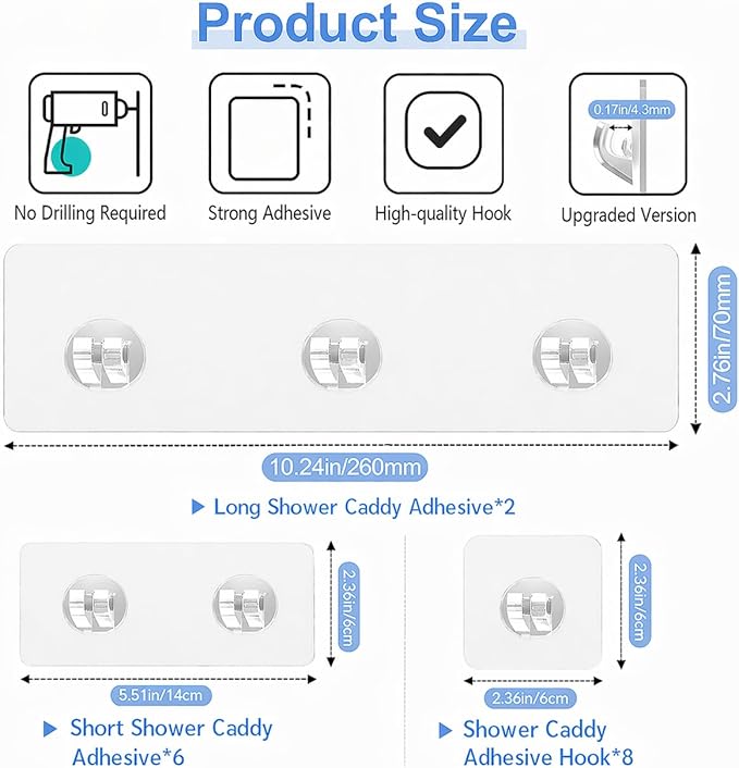 16 Pcs Shower Caddy Adhesive Replacement, Strong Shower Shelf Adhesive,WaterProof Showers Adhesives Strip, Ad-hesive Hook for Showers, No Drilling for Bathroom Storage Shelve and Kitchen Rack