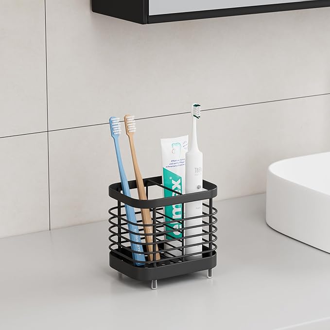 Black Electric Toothbrush Holder for Bathroom, Toothpaste Caddy Organizer Storage with Drainage, Stainless Steel Kids Tooth Brush Stand for Countertop Sink, Bathroom Accessories Decor