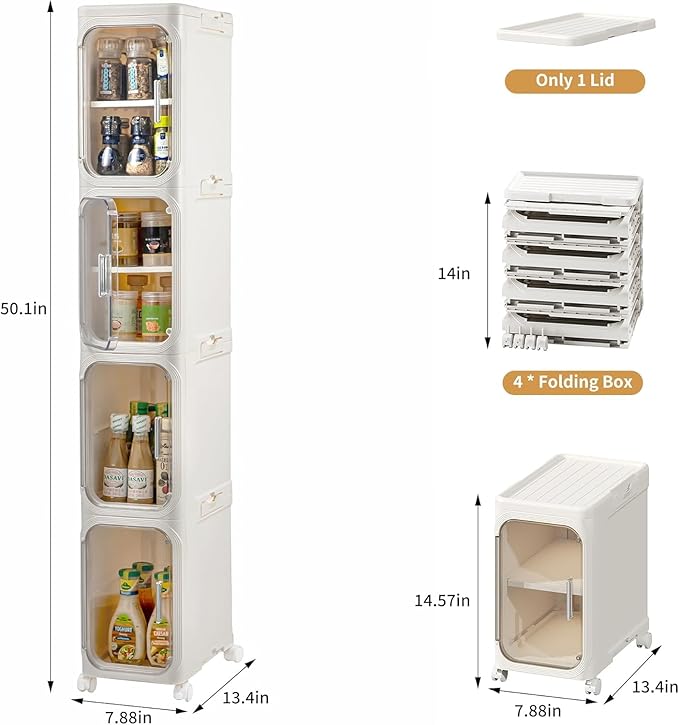 4-Tier Tall Narrow Storage Cabinet, Slim Bathroom Storage Cabinet with Adjustable Shelves and Wheels, Narrow Organizer for Small Space, Bathroom, Kitchen, Laundry, Cream White