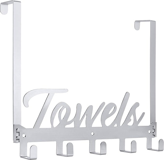 Azmoncy Over The Door Hooks, Towel Hook Towel Holder Over Door Towel Hanger Door Hanger with 5 Coat Hooks Towel Rack for Bathroom Bedroom Kitchen, Chrome