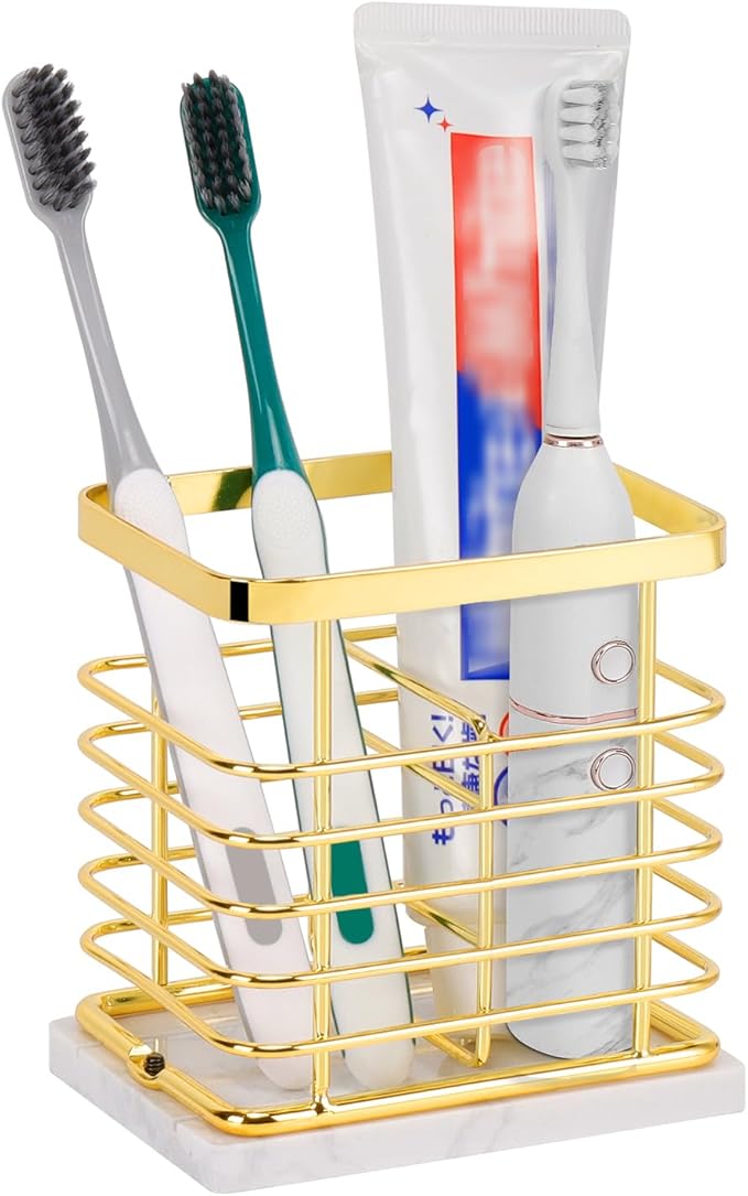 Toothbrush Holder, Luxurious Metal Toothbrush Toothpaste Holder with Marble Base for Bathroom, Multi-Slots Openwork Design, Bathroom Accessory for Storage and Organizer (Small, Gold)
