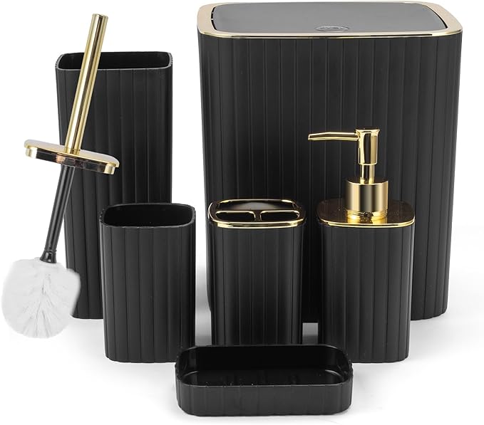 Bathroom Accessories Set-6PC Black Bathroom Set with Toilet Brush, Trash Can, Soap Dispensers and Toothbrush Holder, Soap Dish, Cup, Black and Gold Bathroom Decor for Modern Homes