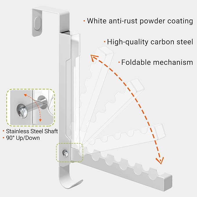 Over The Door Hooks, 7-Hook Metal Door Hanger Clothes Drying Rack, Foldable Portable Space Saving, Extra Large Hook for Clothes Coat Bag - Bedroom Laundry Room Travel, White