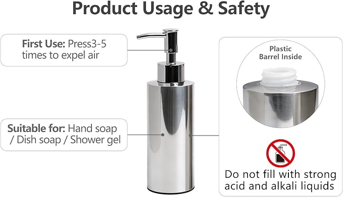 Stainless Steel Round 2PCS Bathroom Set, Soap Dispenser & Toothbrush Holder Set, Suitable for Kitchen and Bathroom Hand Washing Liquid Bath Gel Shampoo, （7.5OZ/220ML）
