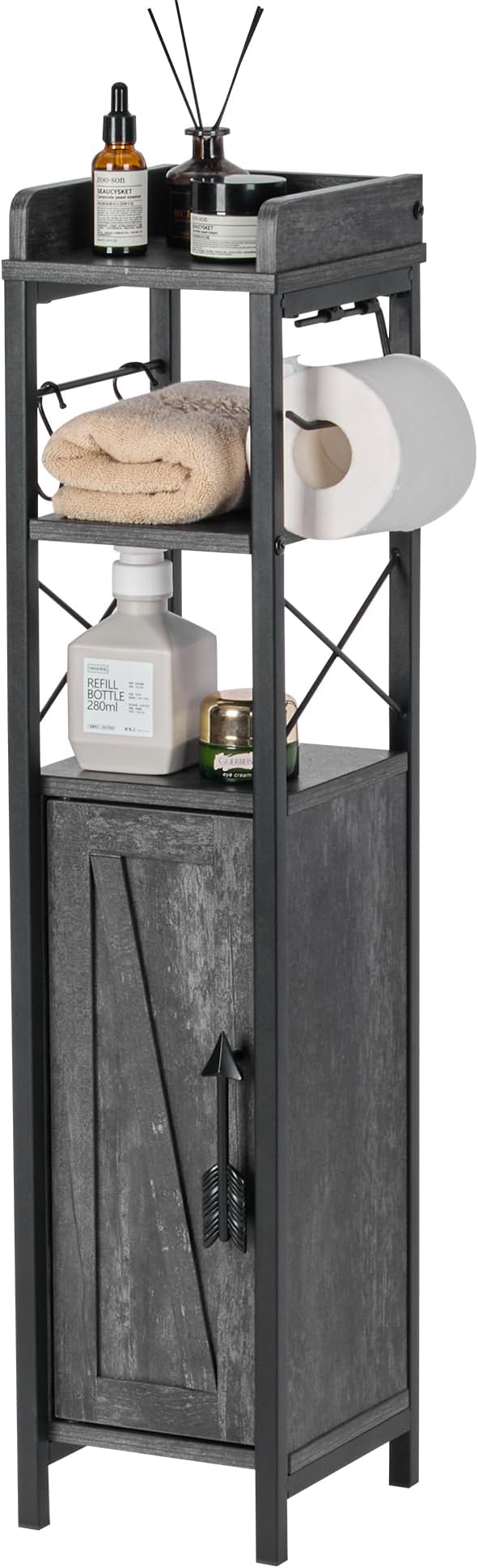 VECELO Small Bathroom Storage Cabinet, Slim Toilet Paper Holder with Shelves & Metal Racks, Organizer Cabinet for Narrow Spaces, Iron Gray, Farmhouse Style