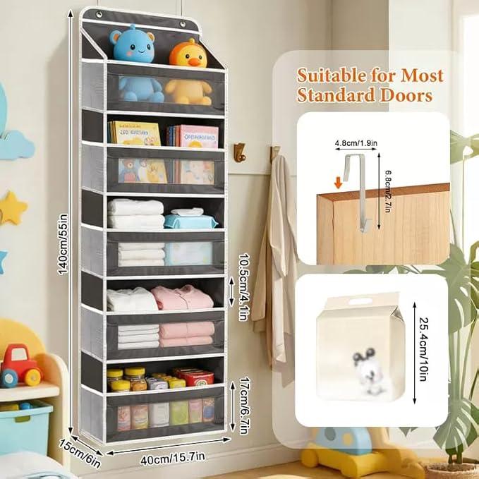 Over the Door Organizer 5-Tier, Heavy Duty Behind Door Storage, Anti-Tilt Capacity, Door Hanging Organizer with Clear Window for Closet, Bathroom, Nursery, Bedroom, Pantry, Shoe Diaper (Dark Gray)