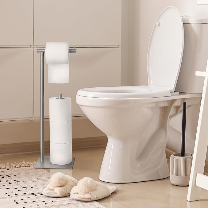 Toilet Paper Holder Stand Silver Bathroom Toilet Paper Roll Holder Freestanding Toilet Paper Holder with Reserve Toilet Tissue Storage Shelf, Holds Up to 4 Rolls of Paper