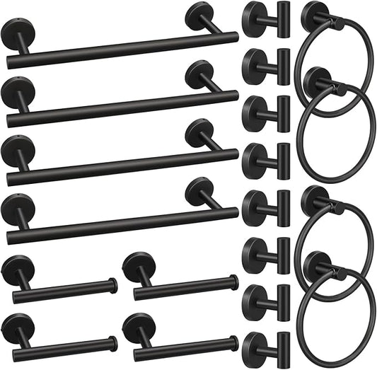 20pcs Bathroom Hardware Set, Matte Black Bathroom Hardware Set, Including 16" Hand Towel Bars, Toilet Paper Holders, Towel Rings, Robe Towel Hooks