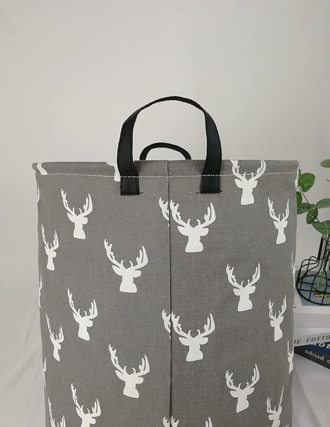 Kids Laundry Hamper Clothes Gift Basket Storage Laundry Baskets Organizer Bin with Handles for Nursery Room (Grey deer)