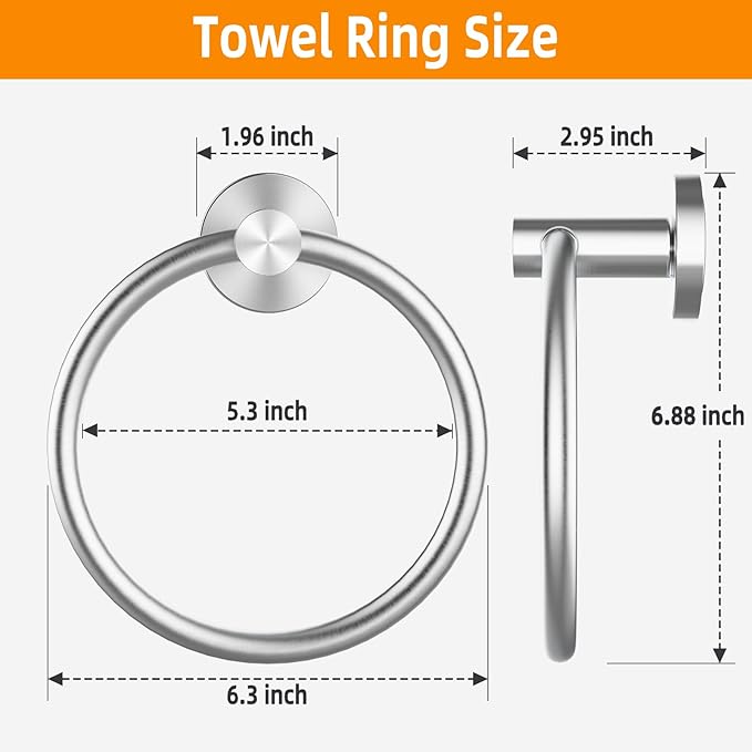 Brushed Silver Towel Ring, SUS304 Stainless Steel Hand Towel Holder for Bathroom Kitchen, Modern Style Towel Hanger, Thicken Ring Towel Holder, Towel Rack Round Wall Mounted (1, Brushed Silver)