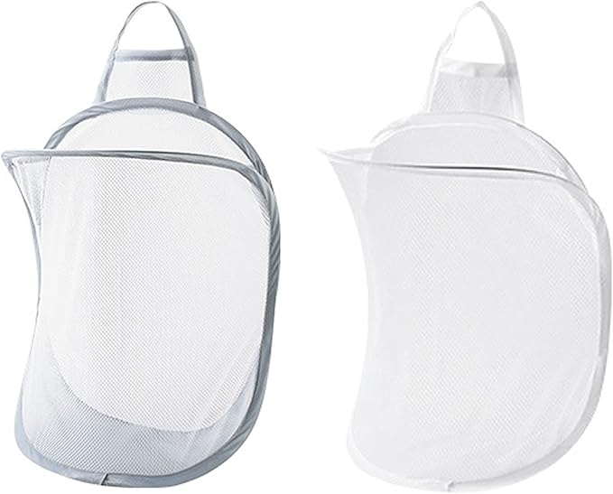 Pop-up Hanging Laundry Hamper Small Mesh Laundry Basket 2 Pack Foldable Hamper Collapsible Wall Mounted Storage Bag, Back to School Supply Grey & White