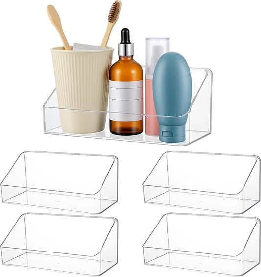 4 Pack Clear Wall Mounted Storage Organizer – No Drill Adhesive Shelves for Bathroom, Kitchen, Bedroom, Mirror Cabinets – Transparent PS Plastic Organizer Bins (7.9” x 3.4” x 3.3”)
