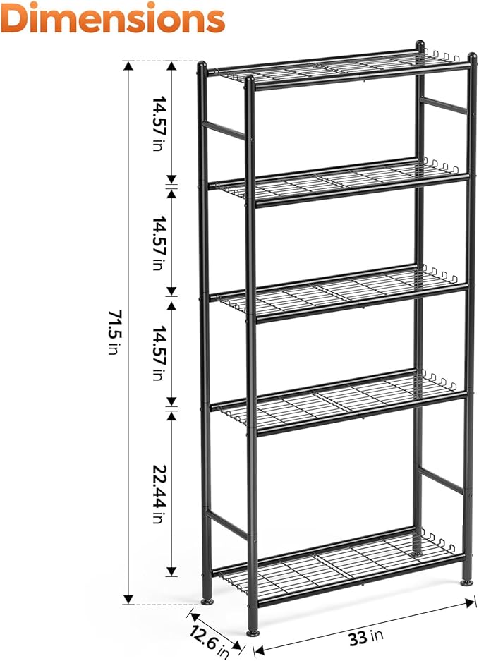 APEXCHASER Metal Shelving, 5-Tier Storage Shelves Large Capacity Steel Wire with Hooks, Adjustable Leveling Feet, Space-Saving Shelf Organizer for Pantry, Laundry, Kitchen (33''Lx12.6''Wx71.5''H)