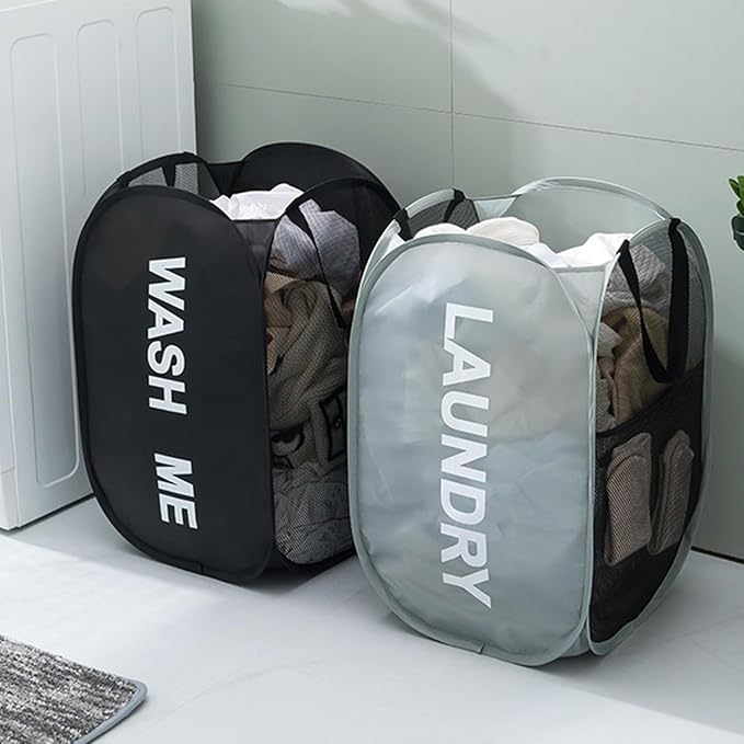 2pcs Pop Up Mesh Laundry Hamper Room Collapsible Storage Bin Lightweight Basket For College Dorm Home Travel Camping (Pink & Mint blue)