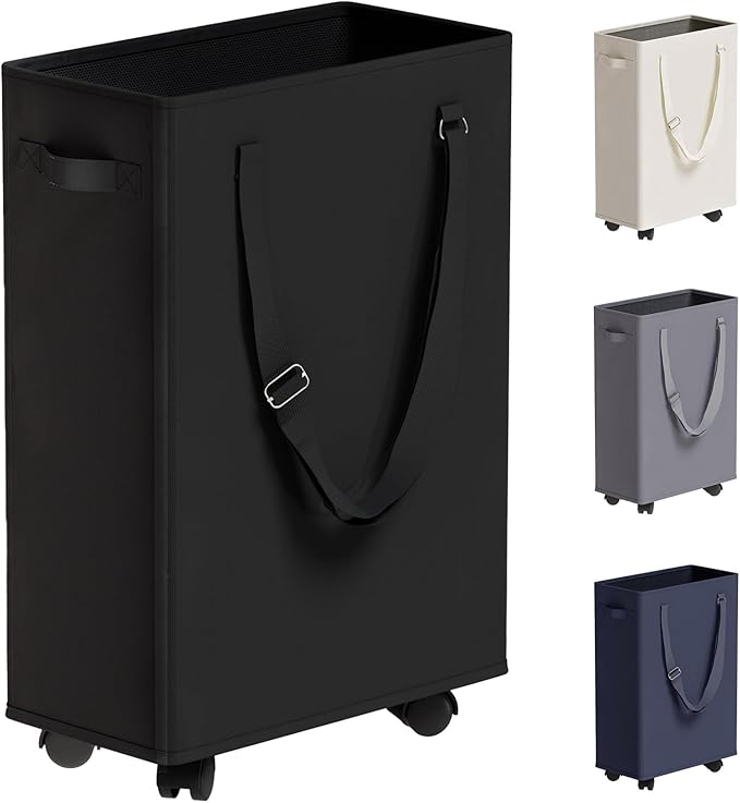 Slim Rolling Laundry Basket, Slim Laundry Hamper with Wheels and Adjustable Long Handles, 45L Small Laundry Baskets with Mesh Top for Bedroom, Closet, and Bathroom - Black