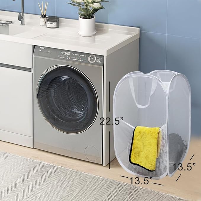 Pop Up Laundry Hamper, Reinforced Mesh Laundry Basket with Handles, Collapsible Clother Hamper with Side Pocket for Home, College Dorm, Travel - White Vertical Storage Basket