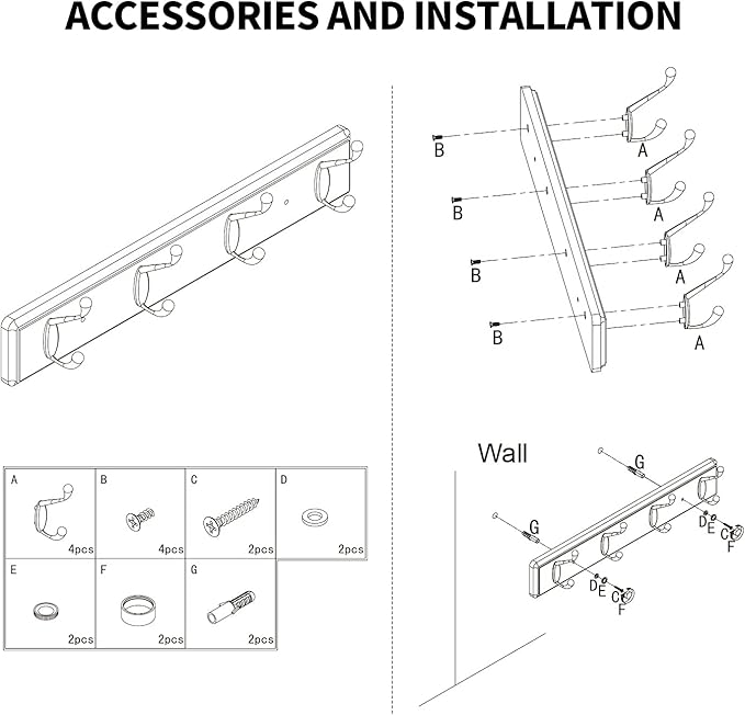 Badiano Wooden Coat Rack, Wall-Mounted Organizer for Closet, Entryway, Hallway, Foyer, Bedroom, Heavy Duty Double Hooks for Hanging Towels, Bags, Hats, Jackets, Key (Black, 4 Hooks)