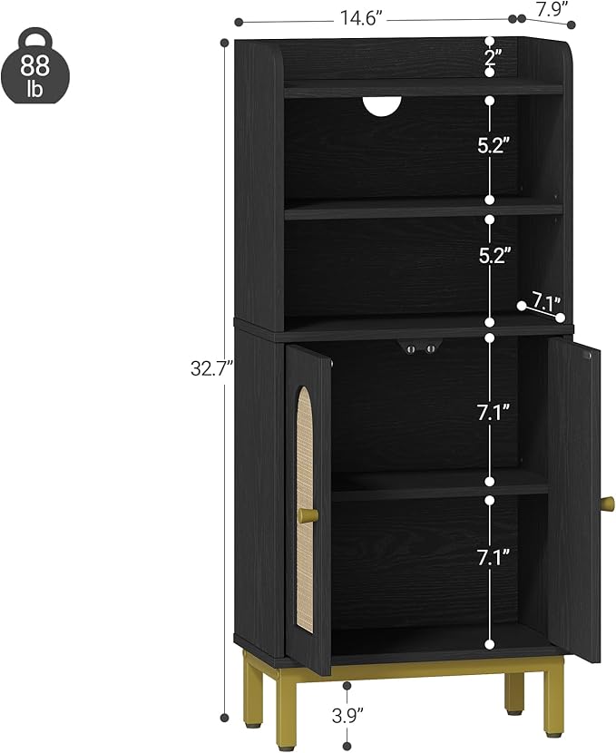 Hzuaneri Bathroom Storage Cabinet, Small Floor Cabinet with 2 Door and Shelves, Toilet Paper Cabinets, Bathroom Organizer with Adjustable Shelf, for Small Spaces Rattan Black 7.1" Dx14.6 Wx32.7 H