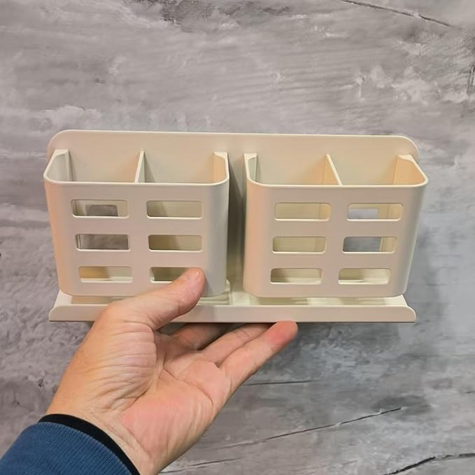 Aluminum Toothbrush Holder Self-Adhesive Wall Mount Bathroom Organizer for Toothbrush, Razor, Comb & Toothpaste. (Cream White