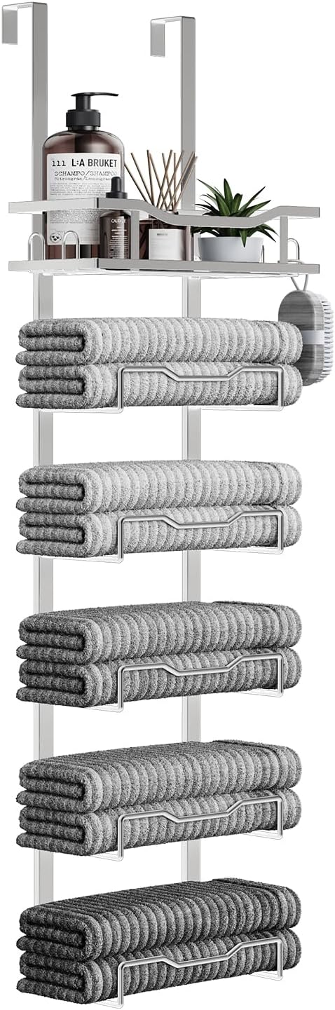 Aetyord Hanging Towel Racks for Bathroom No Drill - Over The Door 6-Tier Bath Towel Storage Organizer for Small Bathrooms-Back Door Large Tiered Towel Holder Hanger for Rolled Towels RV Camper Silver