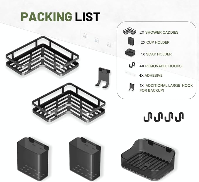 Adhesive Corner Shower Caddy Hanging - 6 Pack Rustproof Stainless Steel Corner Shelves Large Capacity Shower Organizer, Shower Caddy With Bathroom Accessories (BLACK)