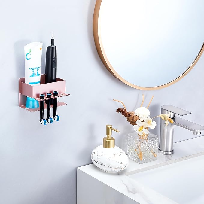 Toothbrush Head Holders, Electric Tooth Brush Head Holder, Adhesive Toothpaste Holder for Shower Bathrooms, Wall Mounted Tooth Brushing Holder Organizer Storage (Rose Gold, Small)