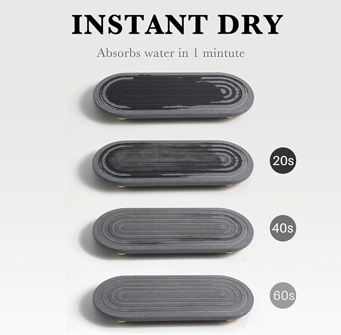 Instant Dry Sink Caddy Organizer – Water Absorbing Stone Tray for Kitchen Bathroom Countertop, Fast Drying Sink Caddy (with Wooden Feet and Natural Loofah, Gray)