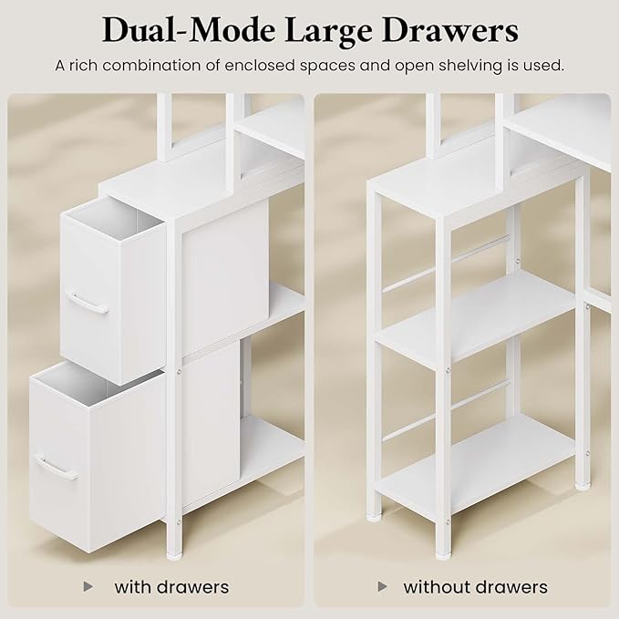 7-Tier Over the Toilet Storage Cabinet with 2 Large Drawers & 6 Hooks, Over the Toilet Storage with Toilet Paper Holder, Bathroom Over Toilet Storage for Bathroom, Laundry Room, White