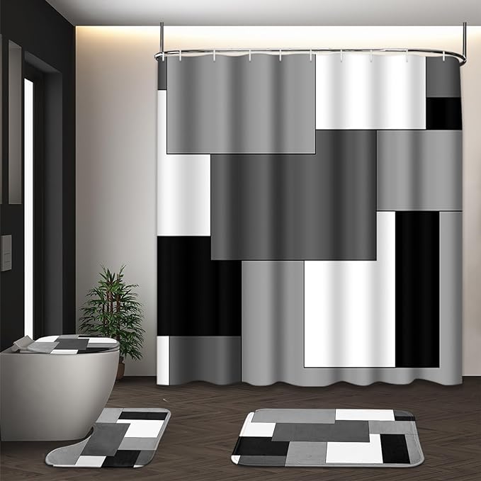 Grey Geometric Shower Curtain Set with Toilet Lid Cover and Non-Slip Rugs for Bathroom, Black White Checkered 4 Pcs Shower Curtain, Modern Abstract Bathroom Set with 12 Hooks