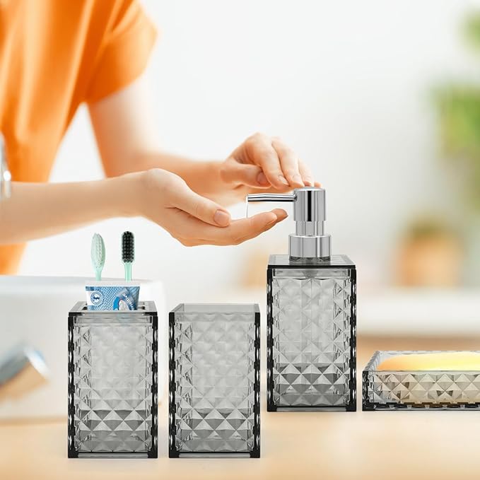Bathroom Accessories Set, 4 Pcs Bathroom Decor Bathroom Sets Accessories, Diamond Soap Dispenser, Bathroom Tumbler, Soap Dish and Toothbrush Holder Set, Boho Bathroom Decor Grey