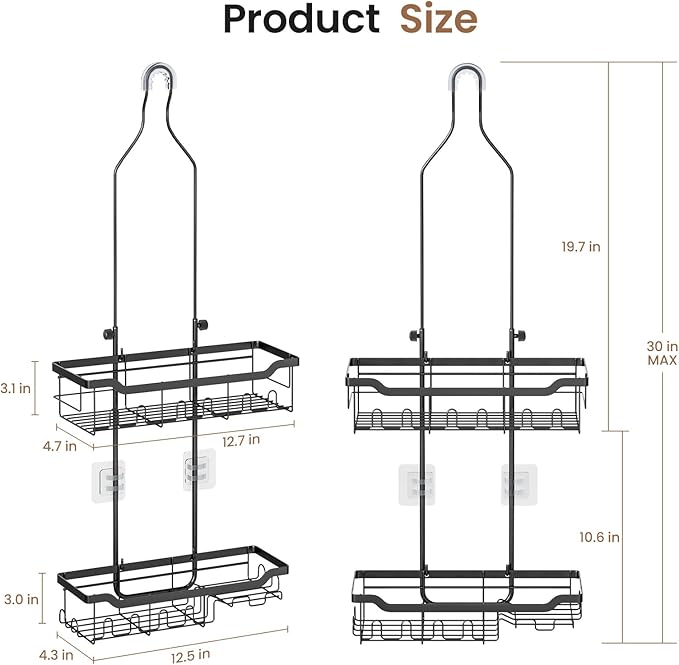 Skyapex Shower Caddy Hanging, Adjustable Height 2-Tier Shower Organizer Over Showerhead, Rust-Resistant Stainless Steel Shower Rack with 15 Hooks, Heavy Duty Anti-Swing Bathroom Storage, Black